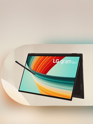 A side view of LG gram 2-in-1 laptop in tablet mode with stylus pen, showcasing a vibrant display